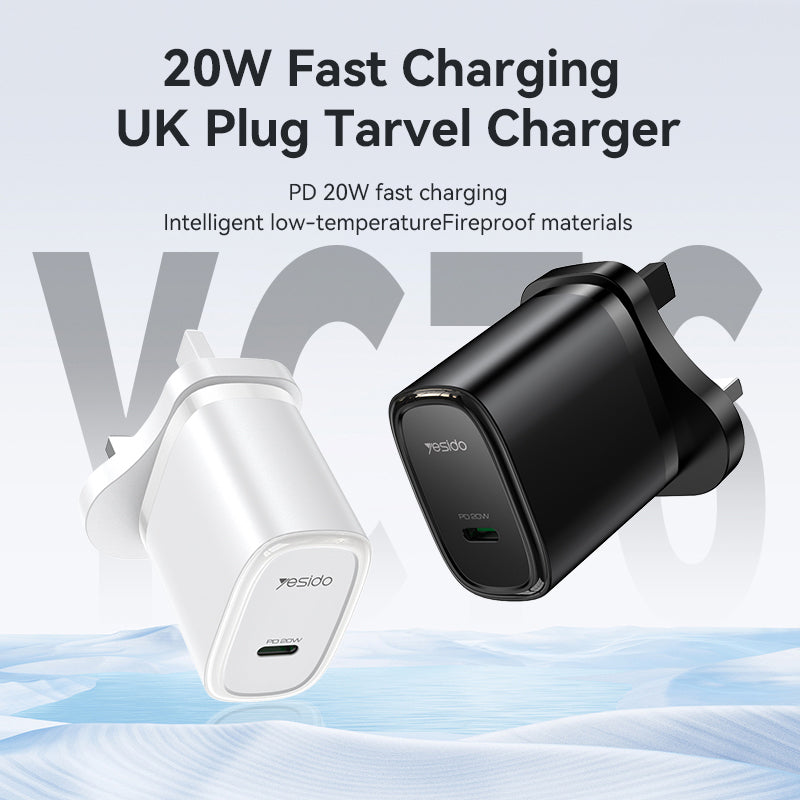 YESIDO UK Plug PD 20W Single Type-C Powerport Block Charger Compact Wall Charger YESIDO UK Plug PD 20W Single Type-C Powerport Block Charger Compact Wall Charger